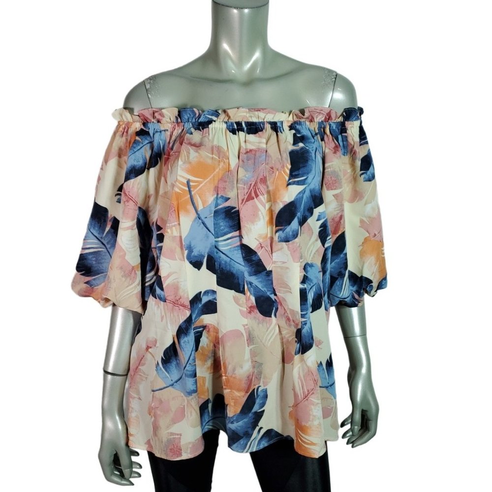 Milk & Honey Off Shoulder Top Plus‎ Size 2X Feather Print Blouse Casual Blue